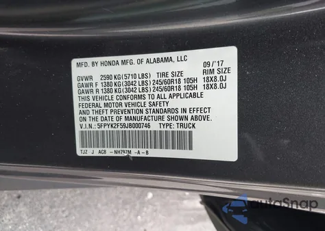 2018 Honda Ridgeline Rtl from USA, damaged, VIN 5FPYK2F59JB000746